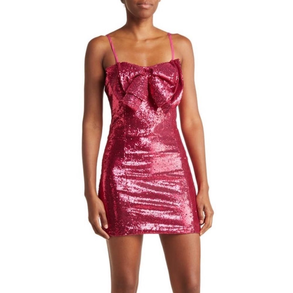 Ronny Kobo Lindsay Sequins Big Bow Sleeveless Mini Dress in Tulip Size M